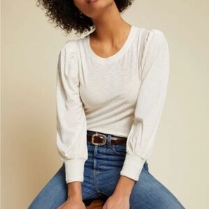 Nation LTD Loren Puff Sleeve Pima Cotton Cream Crew Neck Top Womens Large